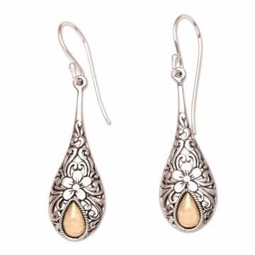 Gold Accented Sterling Silver Raindrop Earrings with Flowers - Floral Raindrop