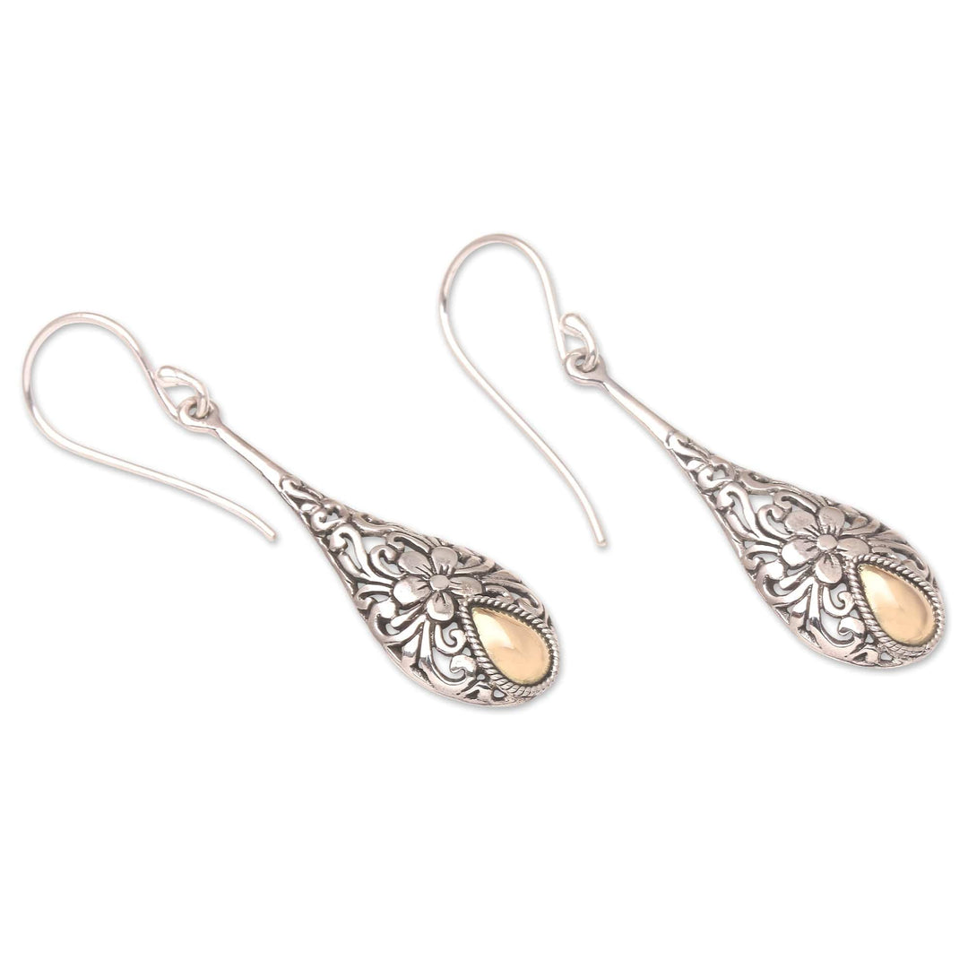 Gold Accented Sterling Silver Raindrop Earrings with Flowers - Floral Raindrop