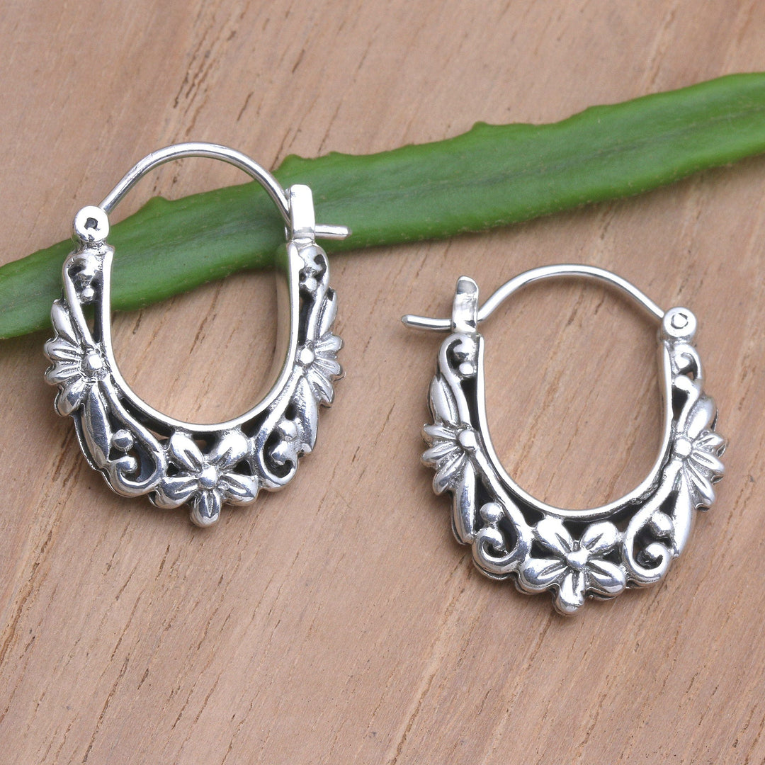 Traditional Floral Sterling Silver Hoop Earrings from Bali - Divine Purpose