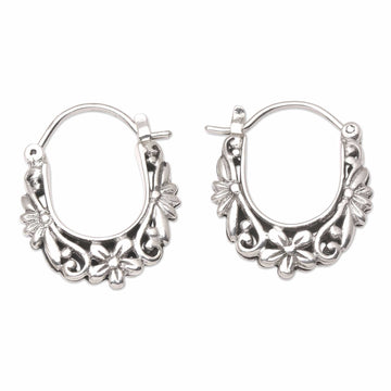 Traditional Floral Sterling Silver Hoop Earrings from Bali - Divine Purpose