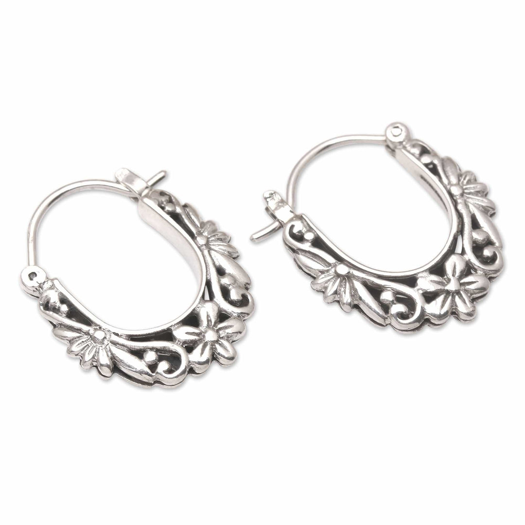 Traditional Floral Sterling Silver Hoop Earrings from Bali - Divine Purpose