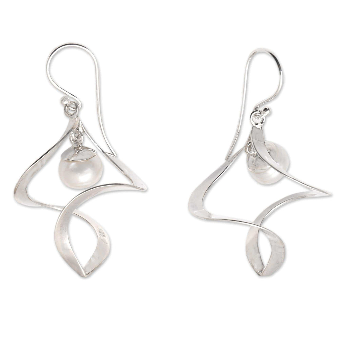 Sterling Silver and Cultured Peach Pearl Dangle Earrings - Winter Whirl