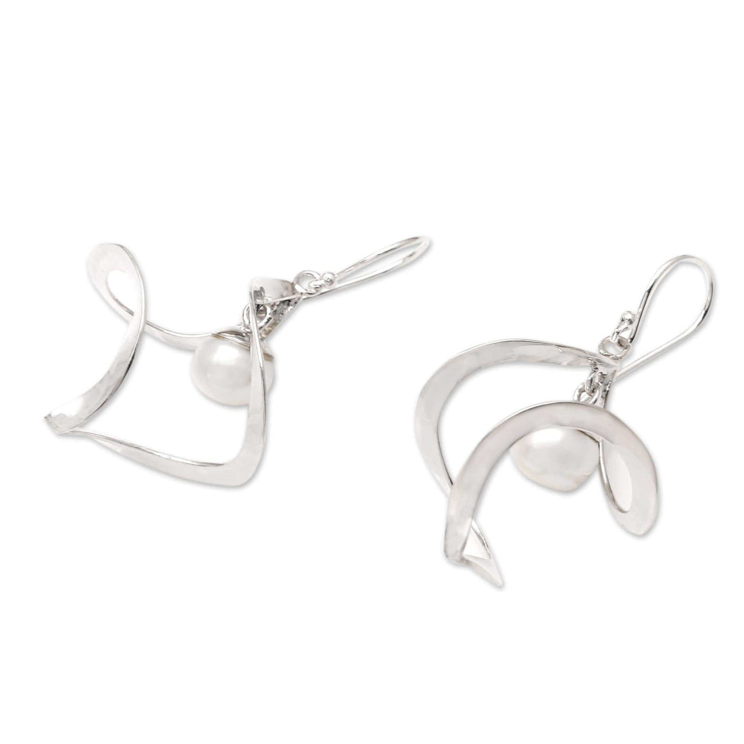 Sterling Silver and Cultured Peach Pearl Dangle Earrings - Winter Whirl