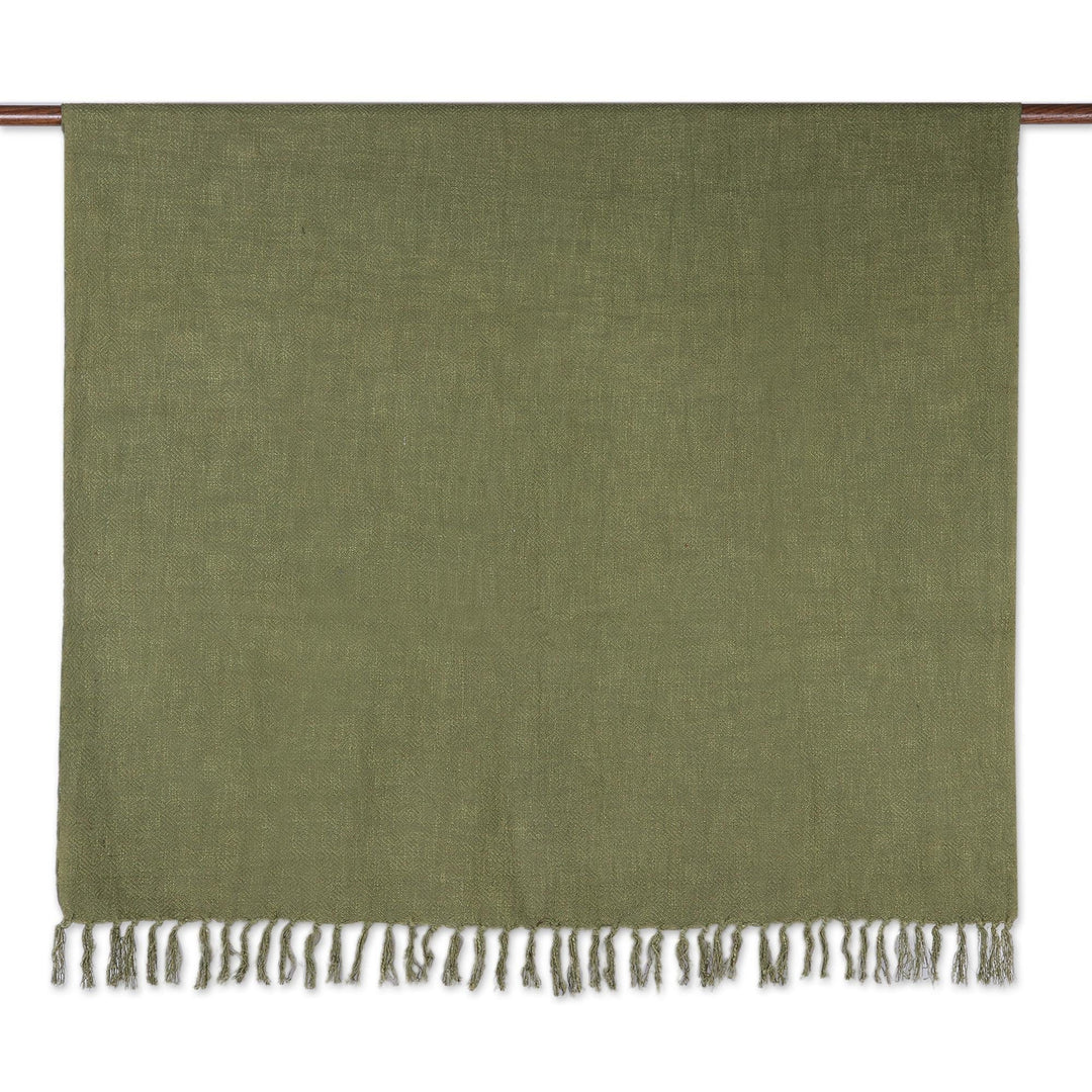 Fringed All-Cotton Throw in Green - Avocado Charm