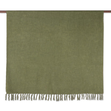 Fringed All-Cotton Throw in Green - Avocado Charm