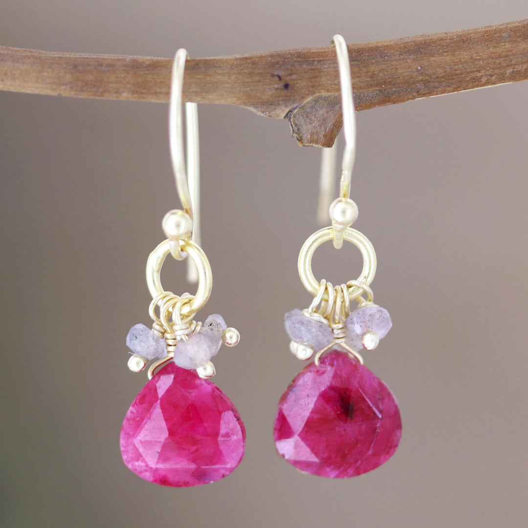 Pink Quartz Earrings with 22k Gold Plated Hooks - Brilliant Cluster