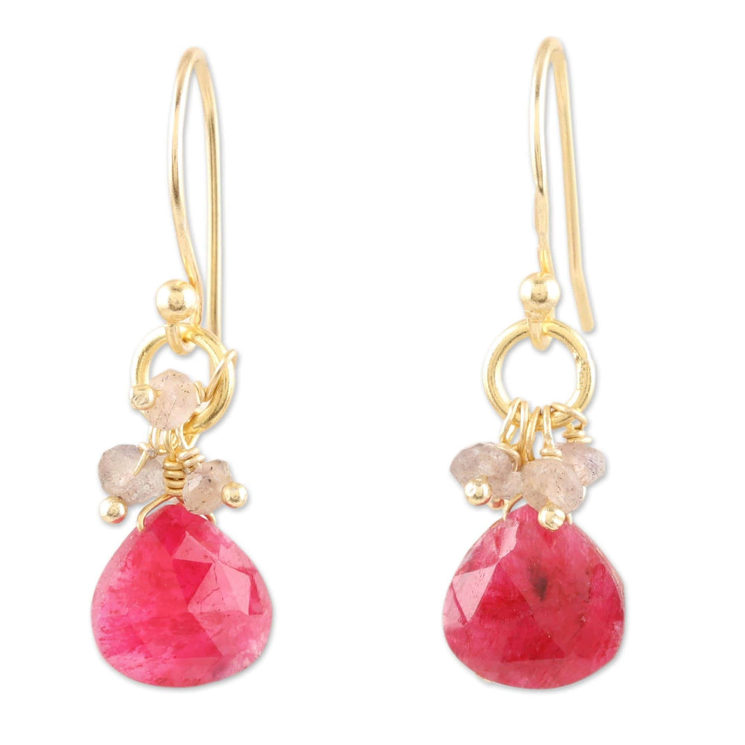 Pink Quartz Earrings with 22k Gold Plated Hooks - Brilliant Cluster