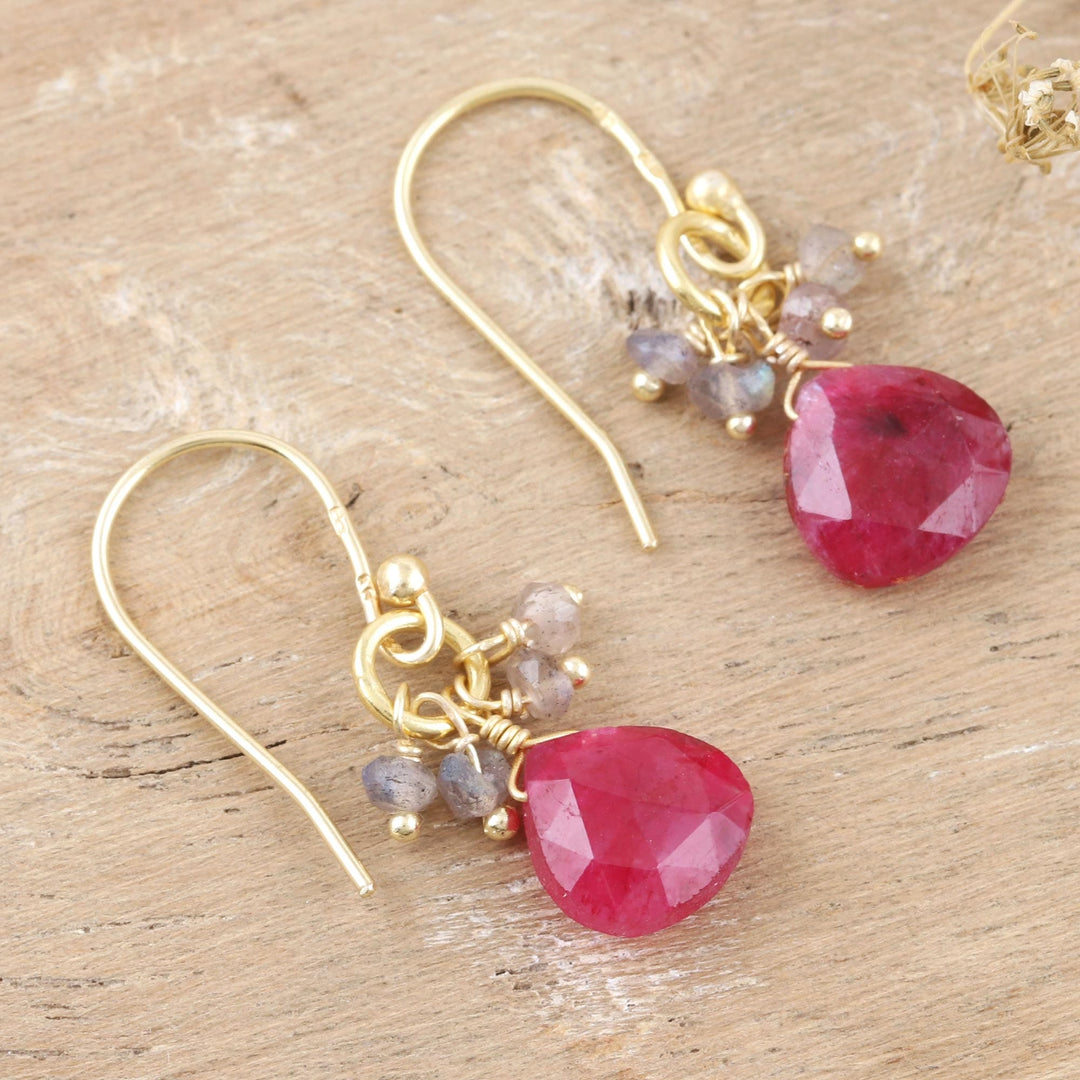 Pink Quartz Earrings with 22k Gold Plated Hooks - Brilliant Cluster