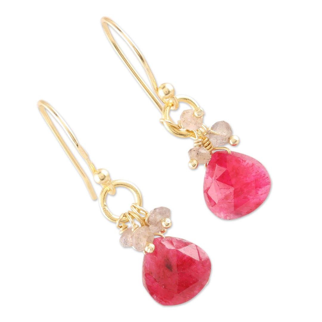 Pink Quartz Earrings with 22k Gold Plated Hooks - Brilliant Cluster