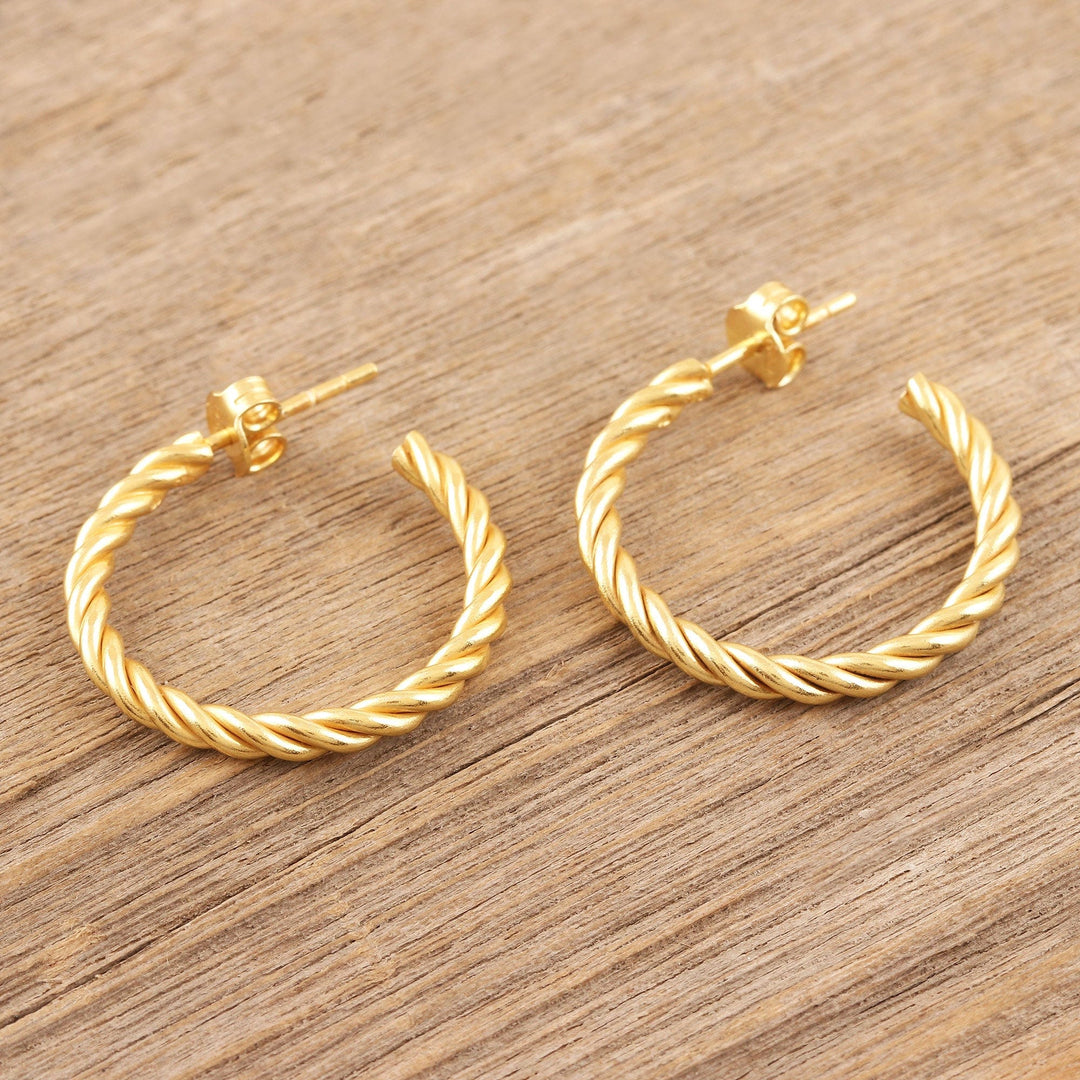 Rope Motif 22k Gold Plated Half-Hoop Earrings - Twist of the Rope