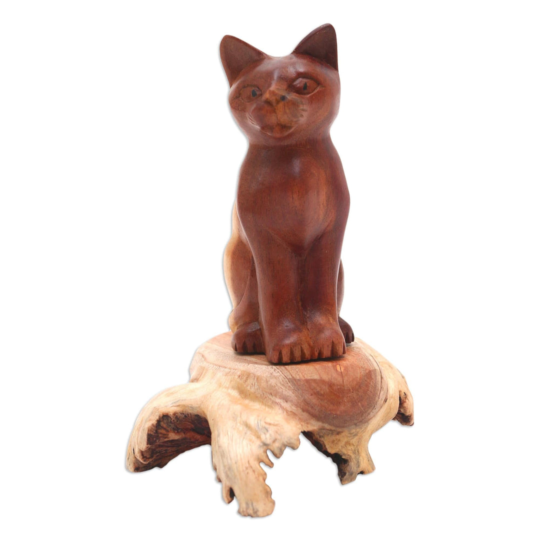Handcrafted Hibiscus Wood Cat Sculpture - Wary Cat