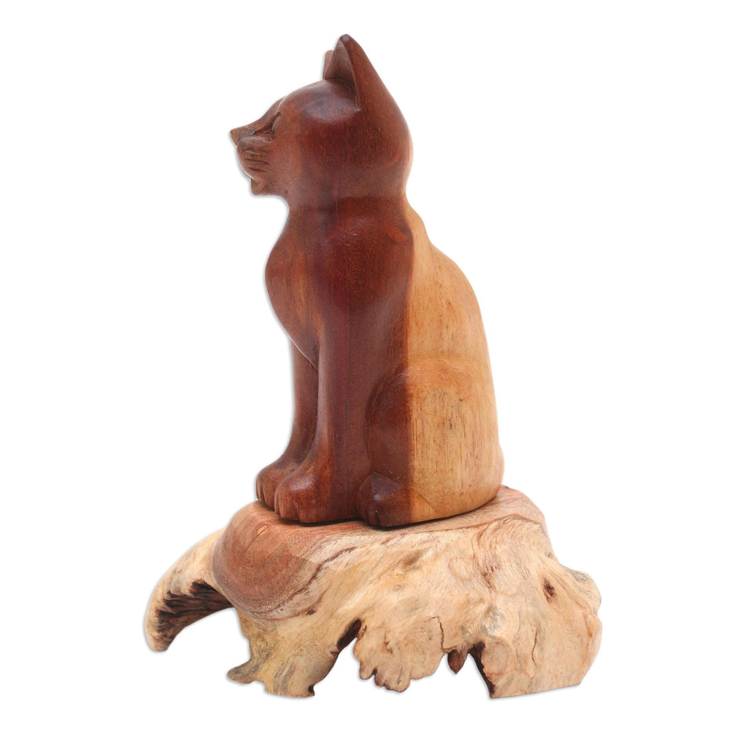 Handcrafted Hibiscus Wood Cat Sculpture - Wary Cat