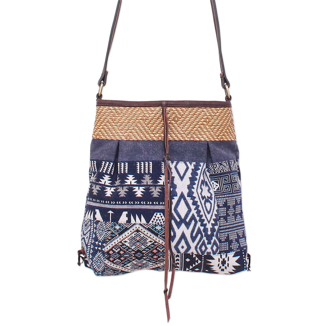 Thai Leather-Accented Cotton Blend Sling Bag in Blue - Intermission in Blue