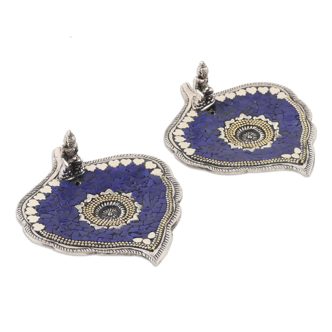 Artisan Crafted Incense Holders with Buddha Motif (Pair) - Blue Betel Buddha
