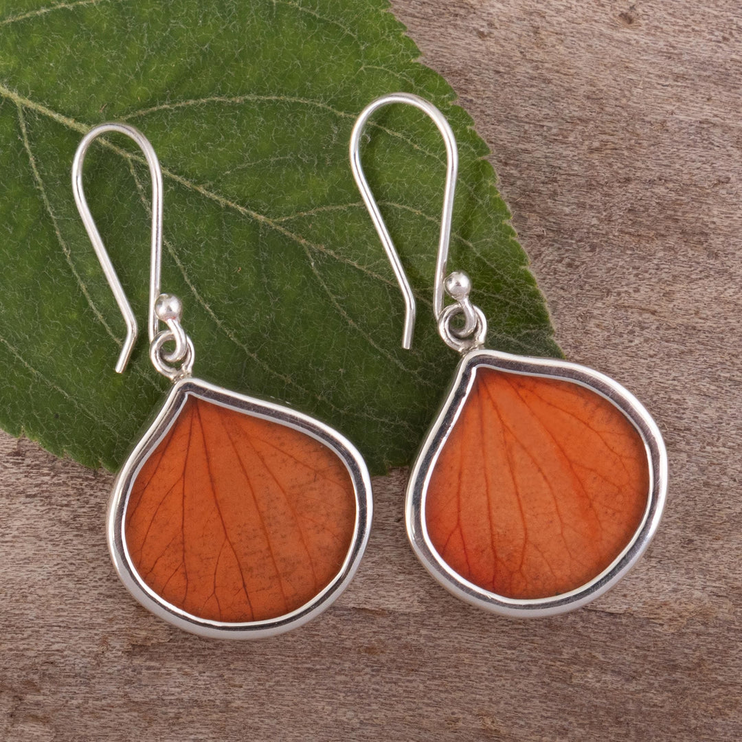 Sterling Silver and Orange Leaf Dangle Earrings from Peru - Orange Hydrangea