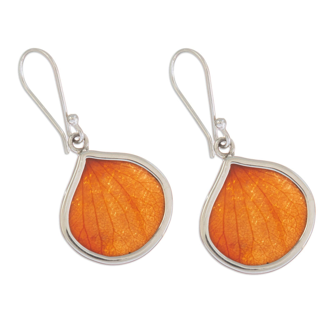 Sterling Silver and Orange Leaf Dangle Earrings from Peru - Orange Hydrangea