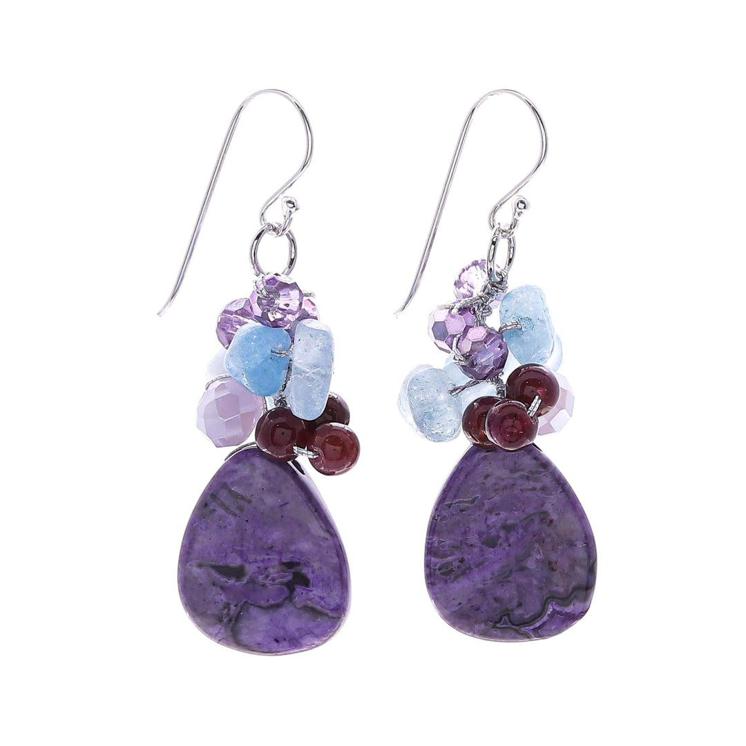 Handmade Thai Quartz and Garnet Dangle Earrings - Pale Sky