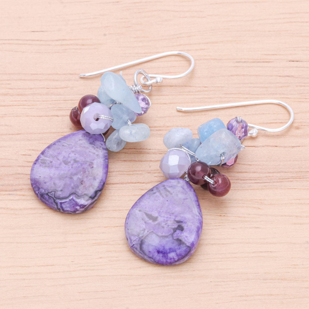 Handmade Thai Quartz and Garnet Dangle Earrings - Pale Sky