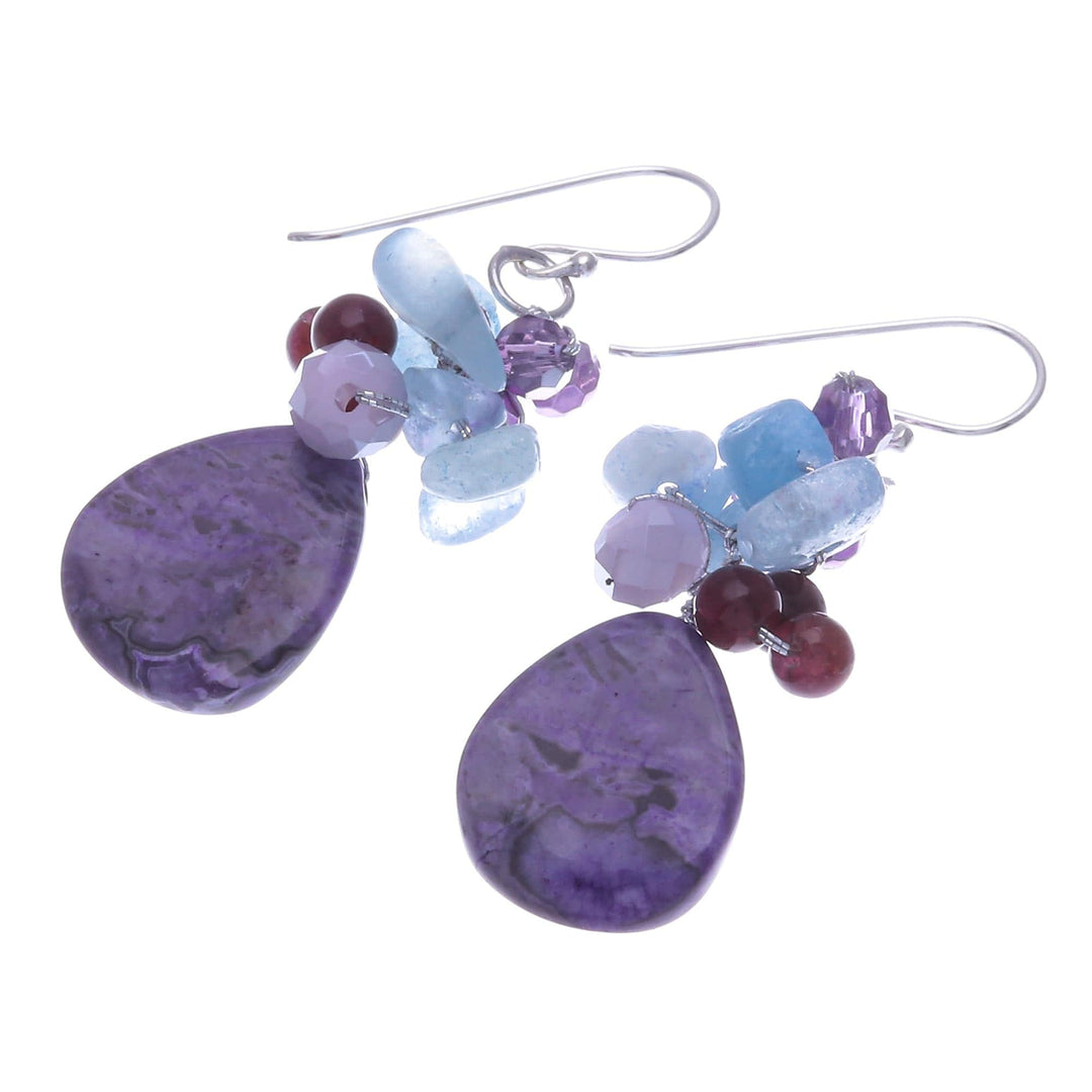 Handmade Thai Quartz and Garnet Dangle Earrings - Pale Sky
