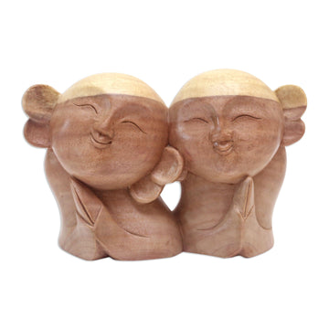 Artisan Crafted Wood Sculpture - Twin Jizo