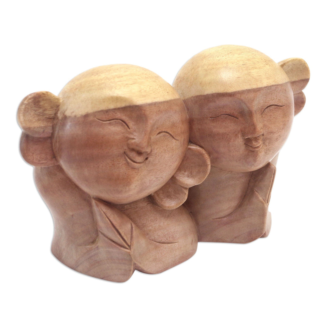 Artisan Crafted Wood Sculpture - Twin Jizo