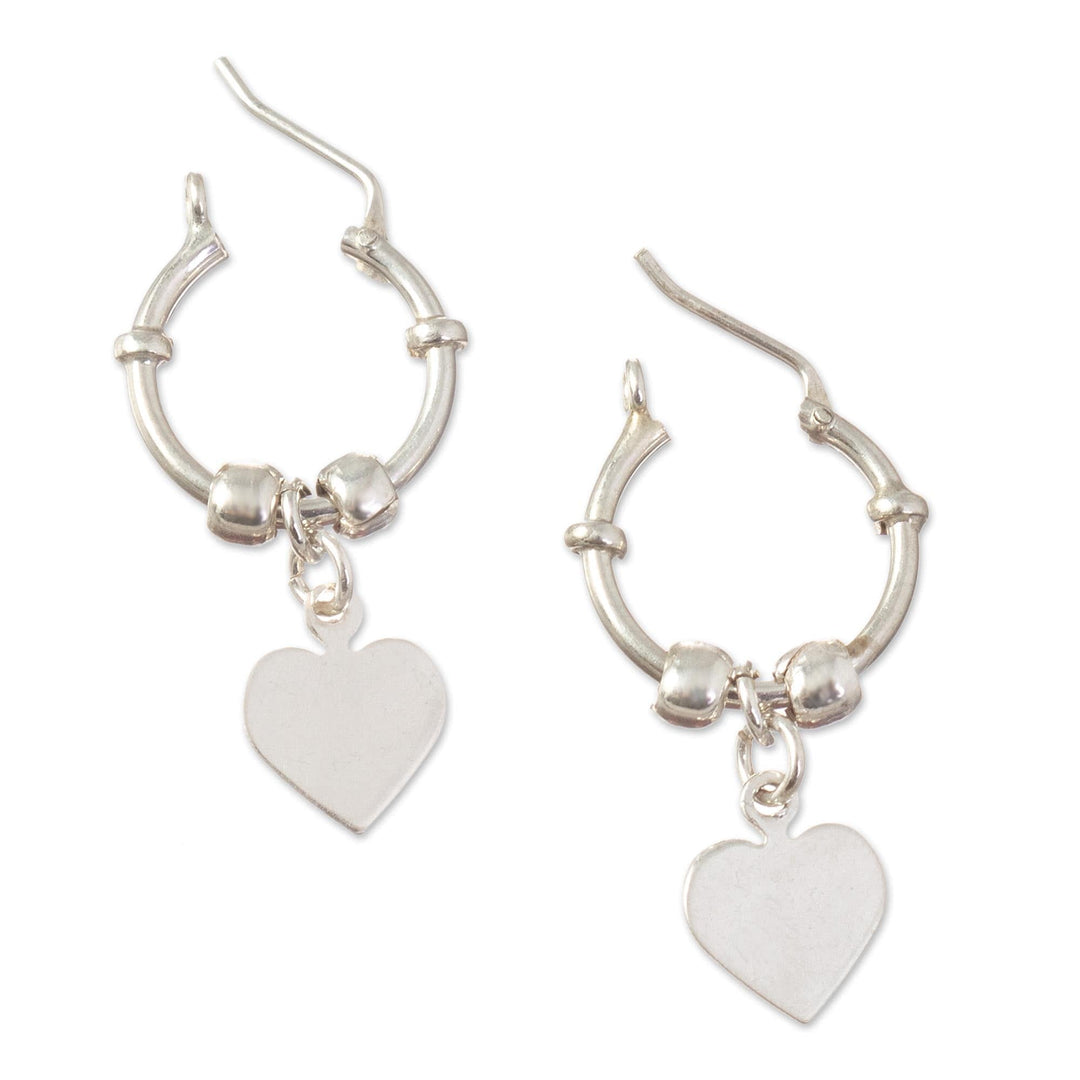 Polished Sterling Hoop Dangle Earrings - Heart Center