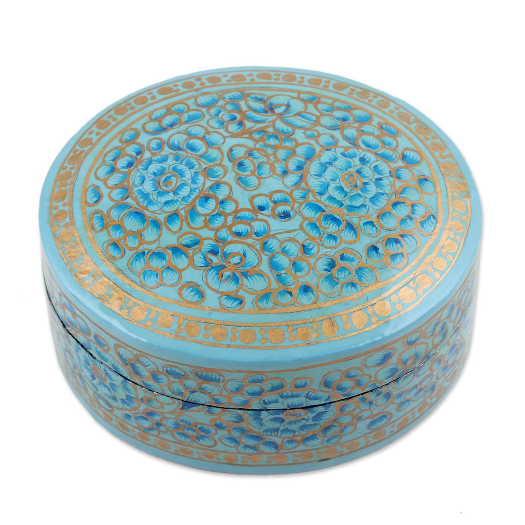 Blue Floral Papier Mache and Wood Oval Decorative Box - Blue Blossoms