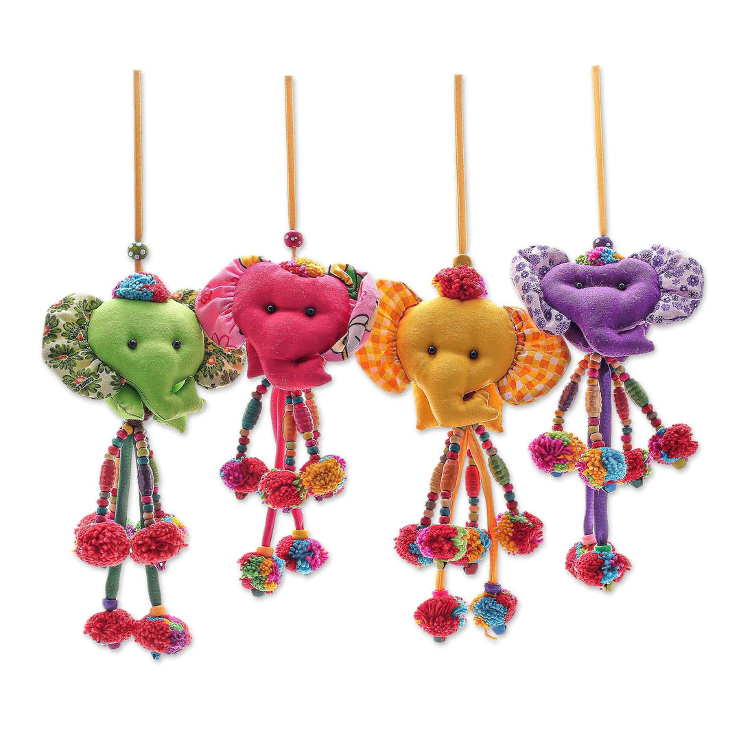 Handcrafted Cotton-Blend Elephant Ornaments (Set of 4) - Happy Herd