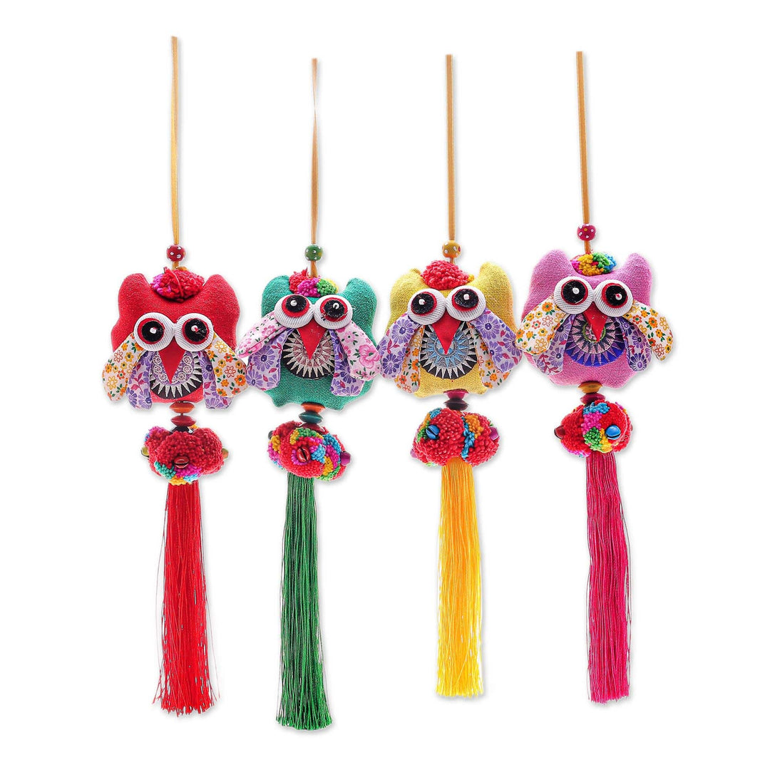 Handcrafted Cotton-Blend Owl Ornaments (Set of 4) - Happy Thai Owls