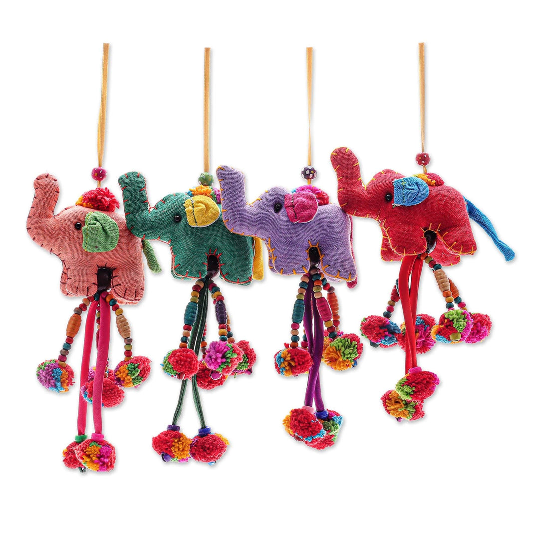 Handcrafted Cotton-Blend Elephant Ornaments (Set of 4) - Pompom Parade