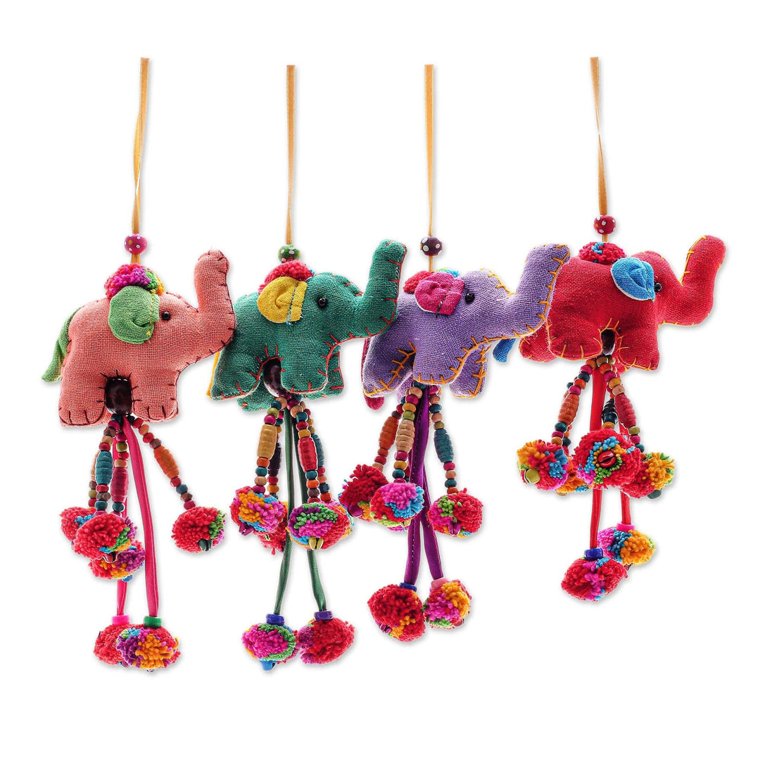Handcrafted Cotton-Blend Elephant Ornaments (Set of 4) - Pompom Parade