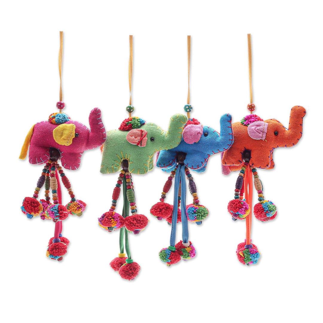 Handcrafted Cotton Blend Elephant Ornaments (Set of 4) - Colorful Parade