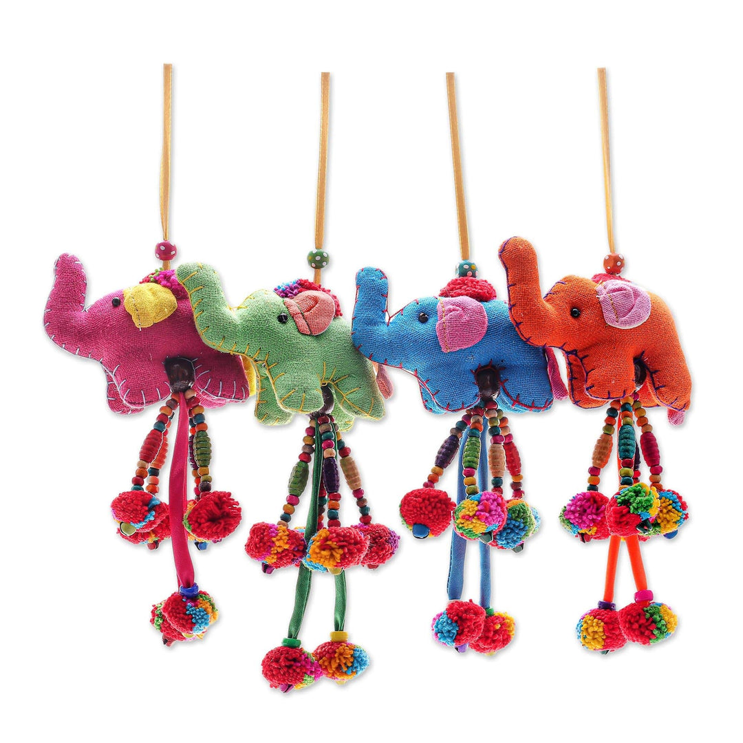 Handcrafted Cotton Blend Elephant Ornaments (Set of 4) - Colorful Parade