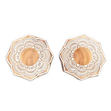 Wood Tealight Candle Holders with Floral Motif (Pair) - Lotus Mandala