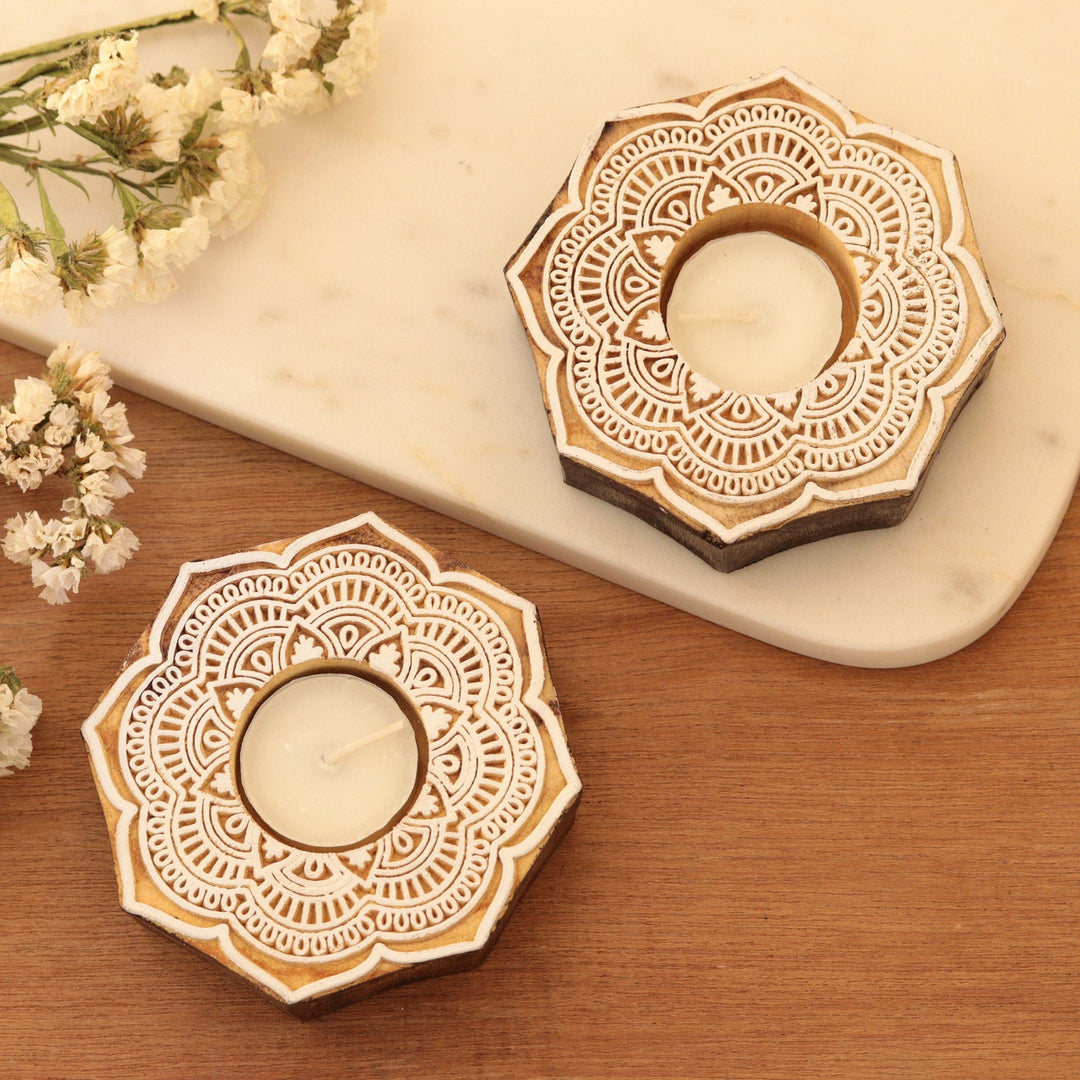 Wood Tealight Candle Holders with Floral Motif (Pair) - Lotus Mandala