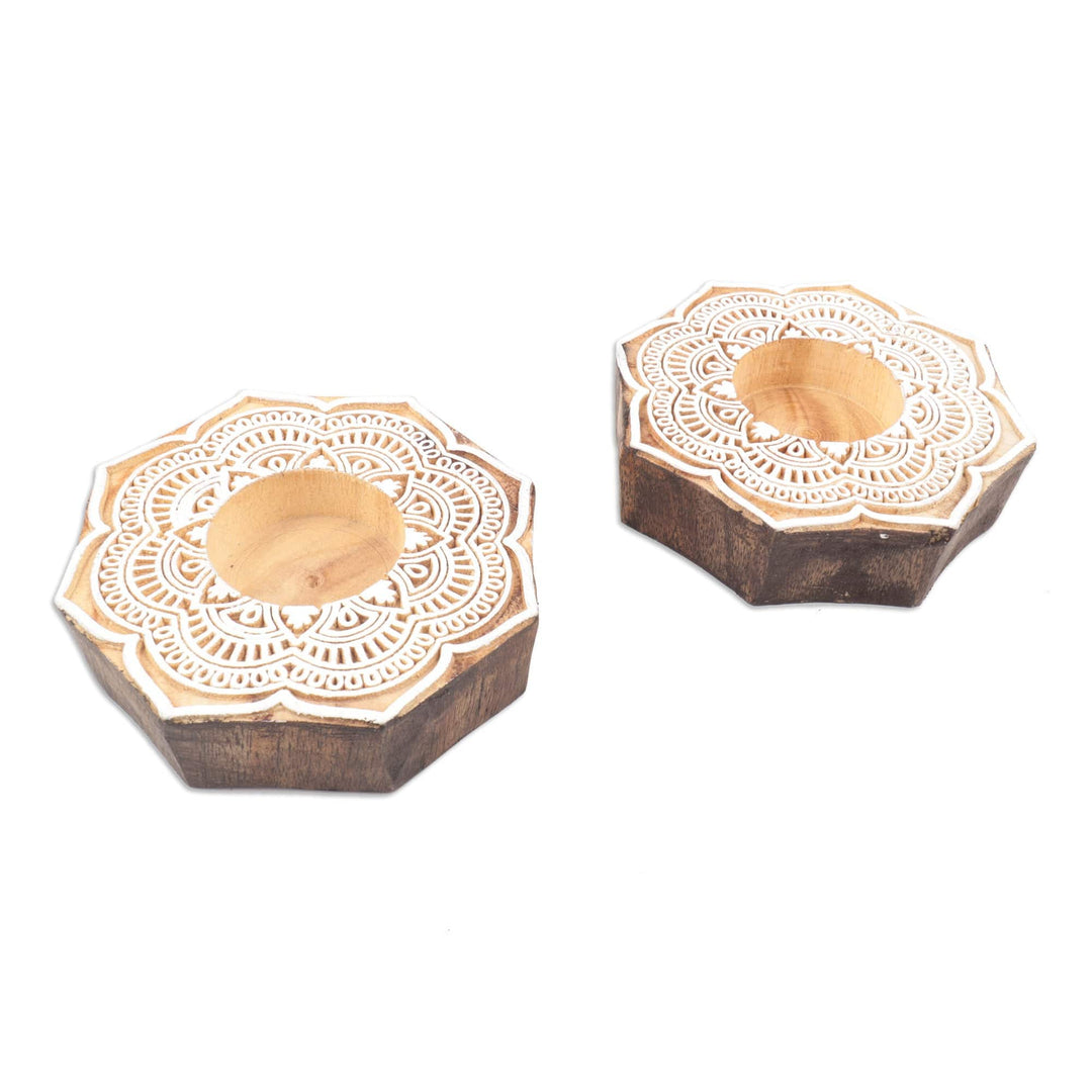 Wood Tealight Candle Holders with Floral Motif (Pair) - Lotus Mandala