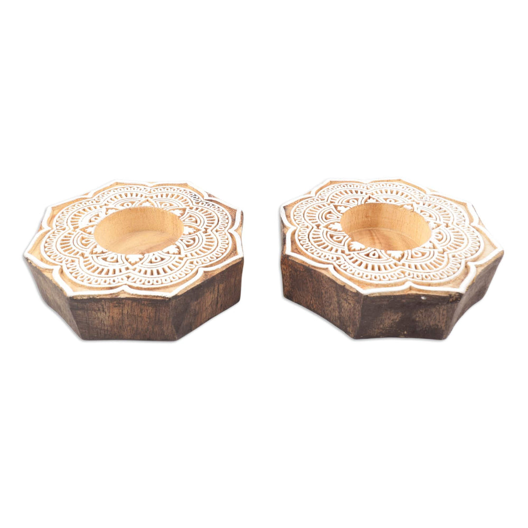 Wood Tealight Candle Holders with Floral Motif (Pair) - Lotus Mandala