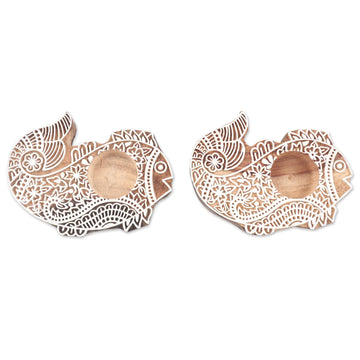 Mango Wood Tealight Candle Holders with Fish Motif (Pair) - Finned Friends