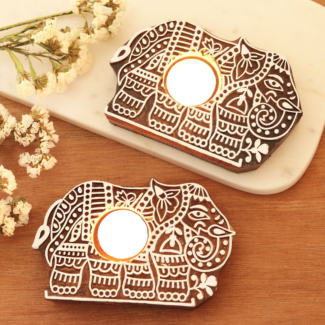 Handmade Tealight Candle Holders with Elephant Motif (Pair) - Illuminated Elephants