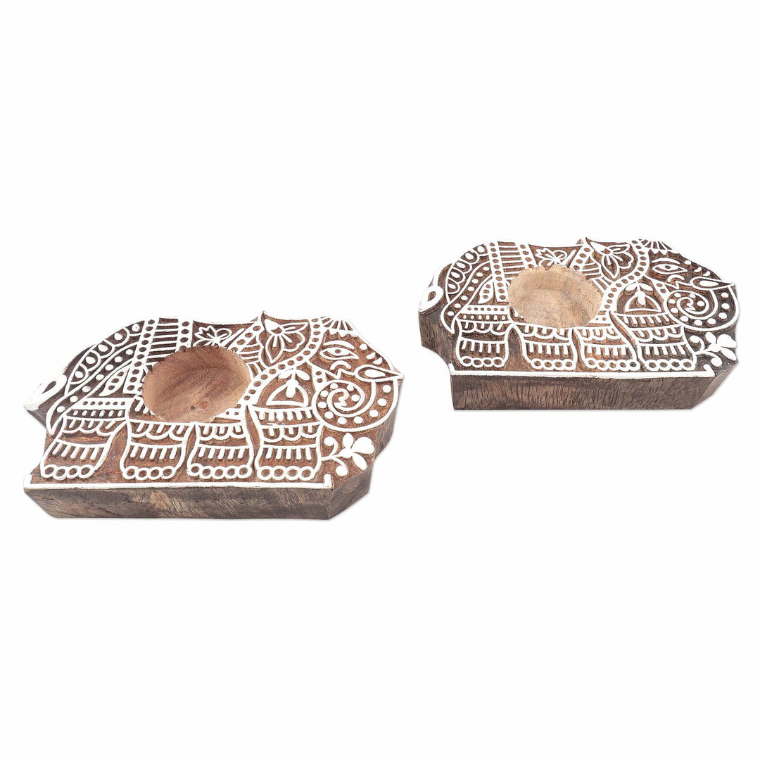 Handmade Tealight Candle Holders with Elephant Motif (Pair) - Illuminated Elephants
