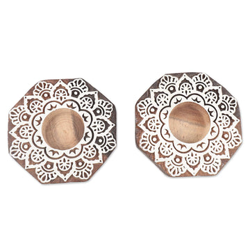 Hand Crafted Wood Tealight Candle Holders (Pair) - Magic Belief