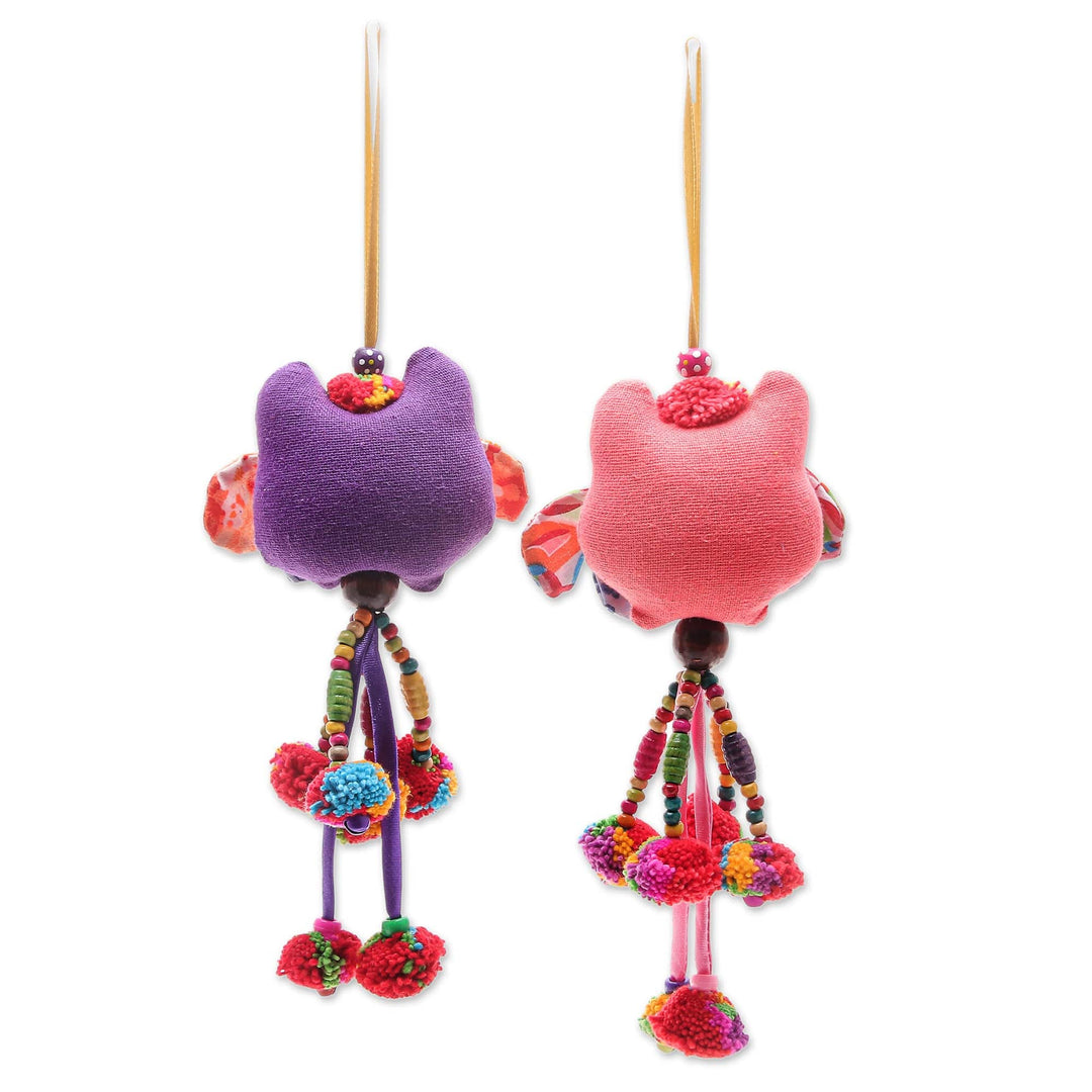 Hand-Stitched Cotton-Blend Owl Ornaments (Pair) - Mini Owl in Purple-Pink