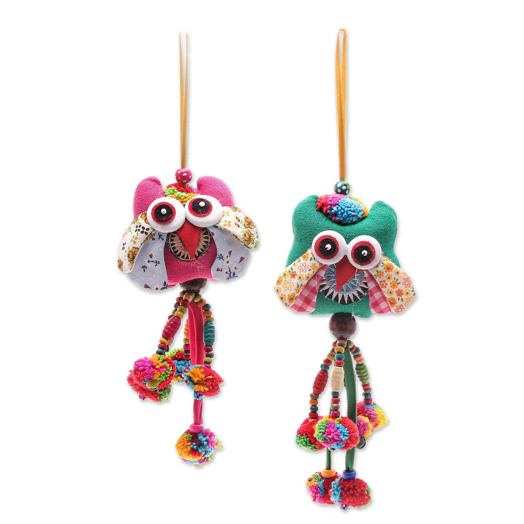 Thai Cotton-Blend Ornaments with Owl Motif (Pair) - Mini Owl in Green-Pink