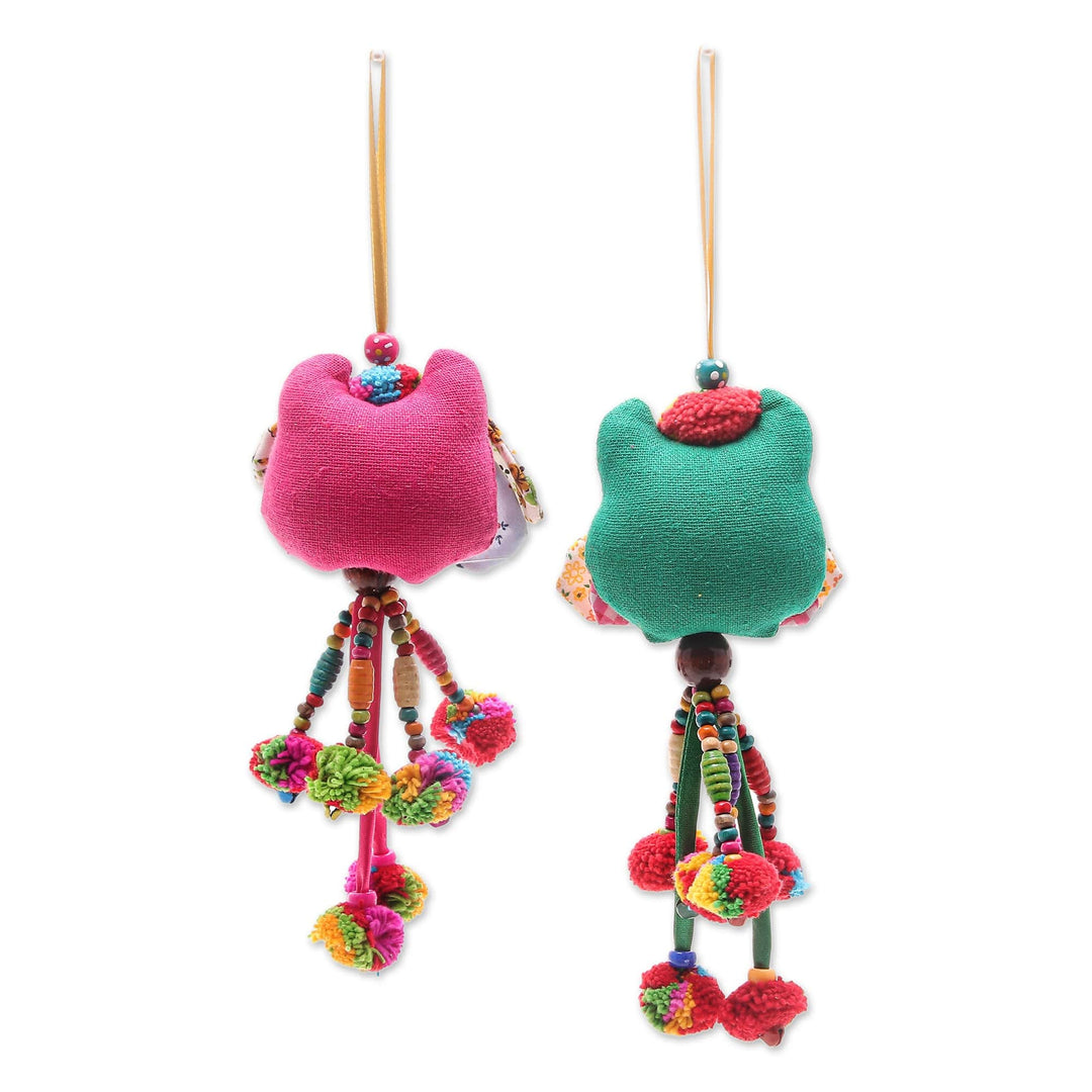 Thai Cotton-Blend Ornaments with Owl Motif (Pair) - Mini Owl in Green-Pink