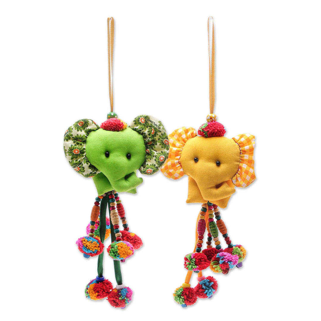 Thai Cotton-Blend Ornaments with Elephant Motif (Pair) - Mini Tusk in Yellow-Green