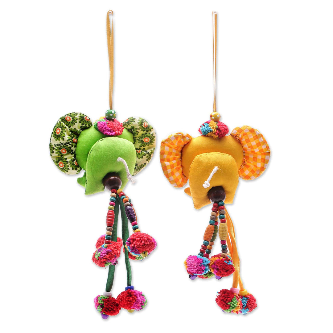Thai Cotton-Blend Ornaments with Elephant Motif (Pair) - Mini Tusk in Yellow-Green