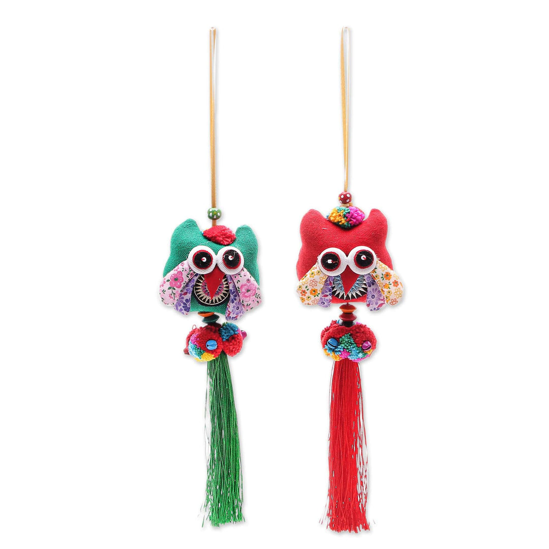 Handmade Cotton-Blend Ornaments with Owl Motif (Pair) - Festive Owl in Red-Green