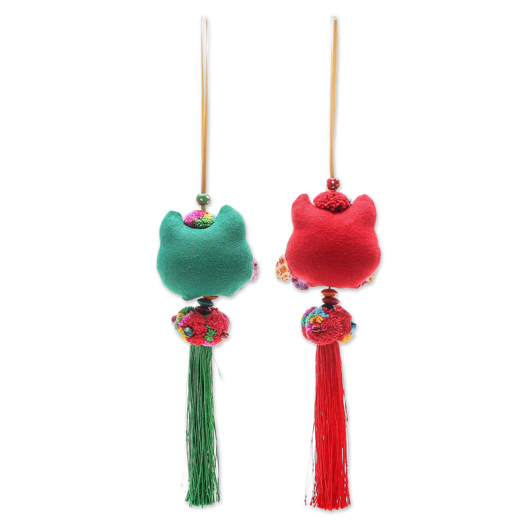 Handmade Cotton-Blend Ornaments with Owl Motif (Pair) - Festive Owl in Red-Green