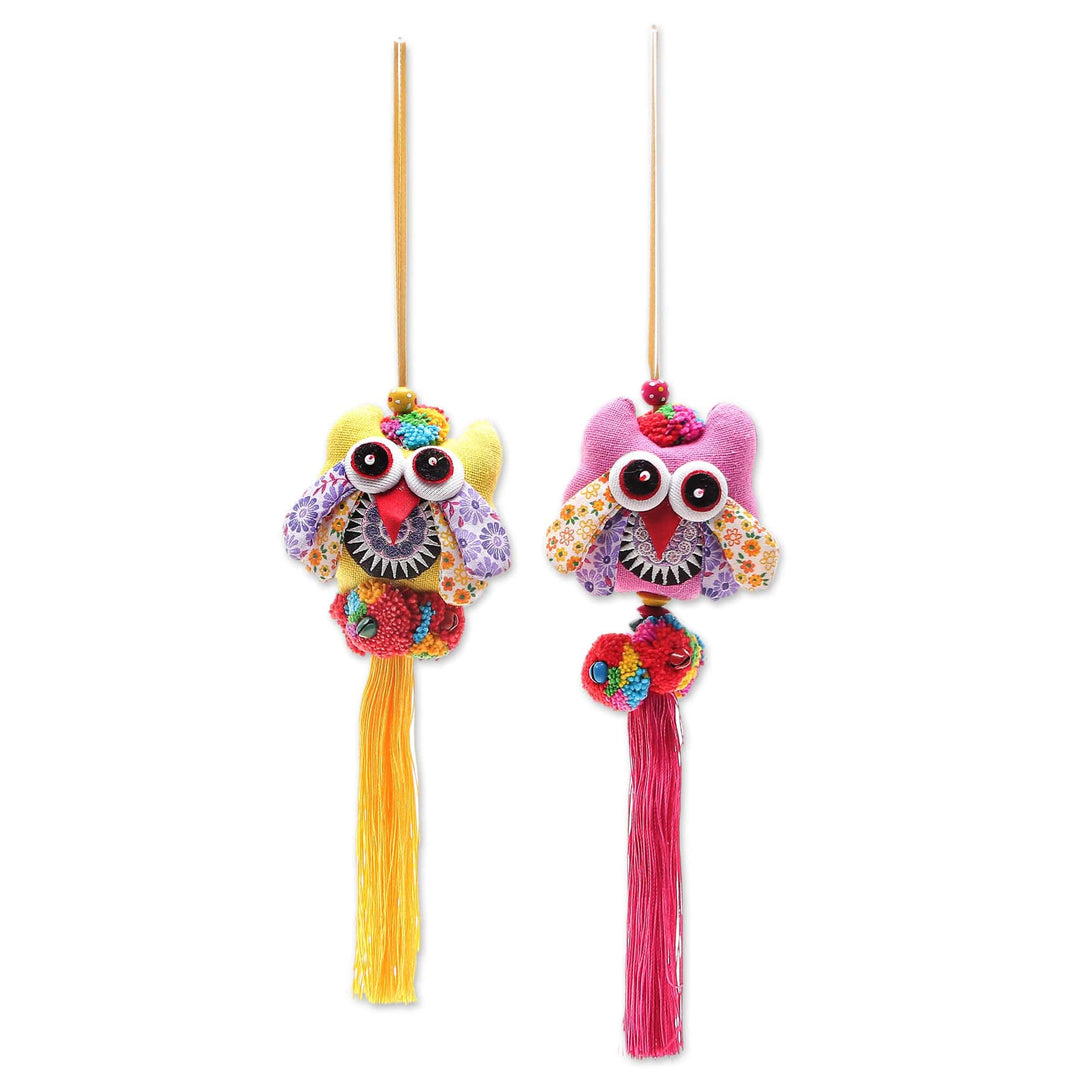 Hand Crafted Cotton-Blend Owl Ornaments (Pair) - Festive Owl in Pink-Yellow