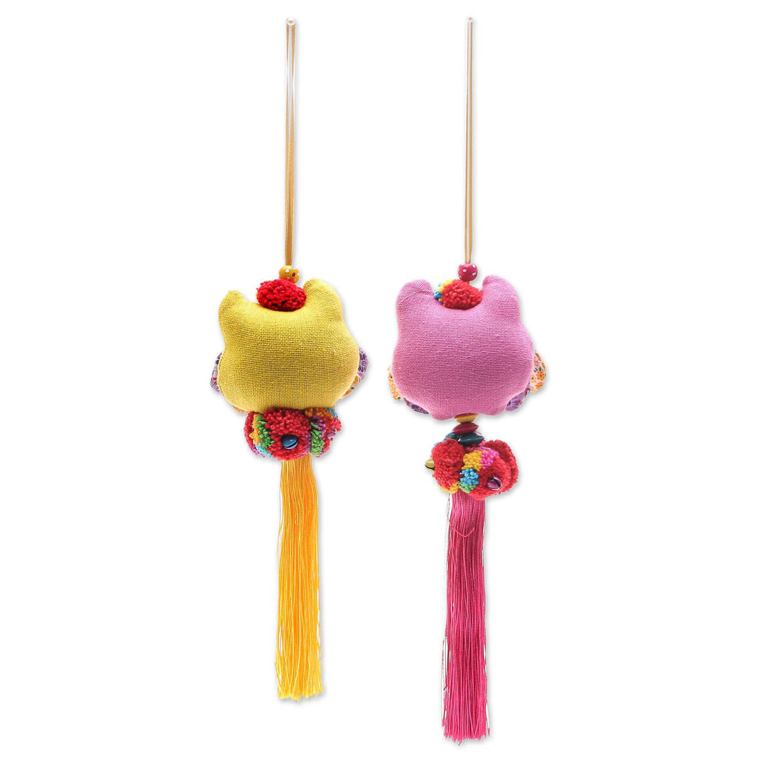 Hand Crafted Cotton-Blend Owl Ornaments (Pair) - Festive Owl in Pink-Yellow